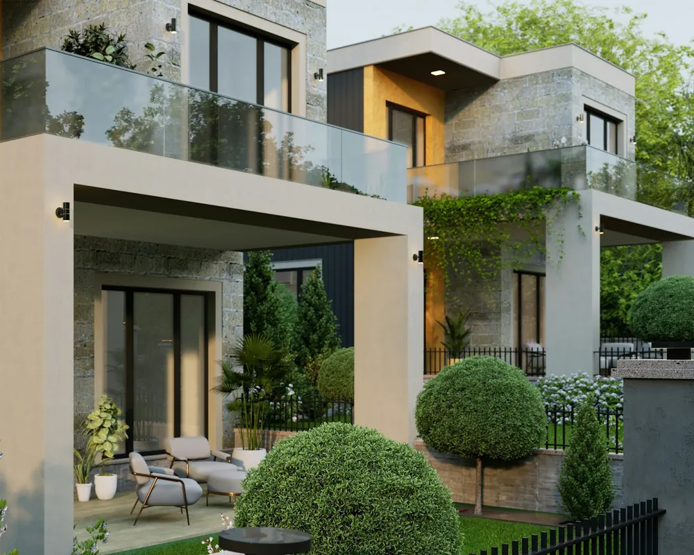 Warm modern luxury home exterior — illustrative